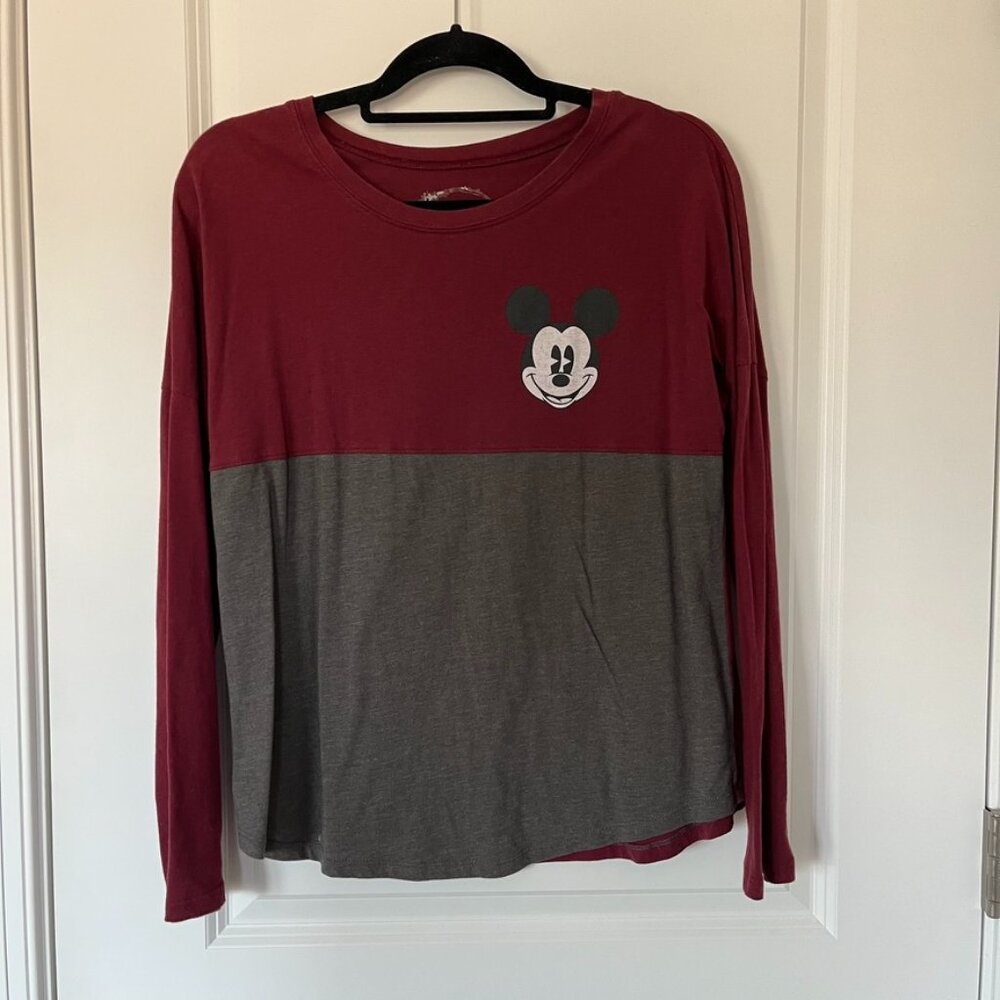 Disney Mickey Mouse Gray and Maroon Color Block Long Sleeve Tee Large